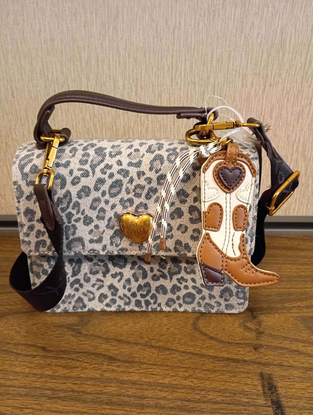 NWT Betsey Johnson XOMYLO Denim Leopard Print Crossbody Bag Cowboy Boot Charm